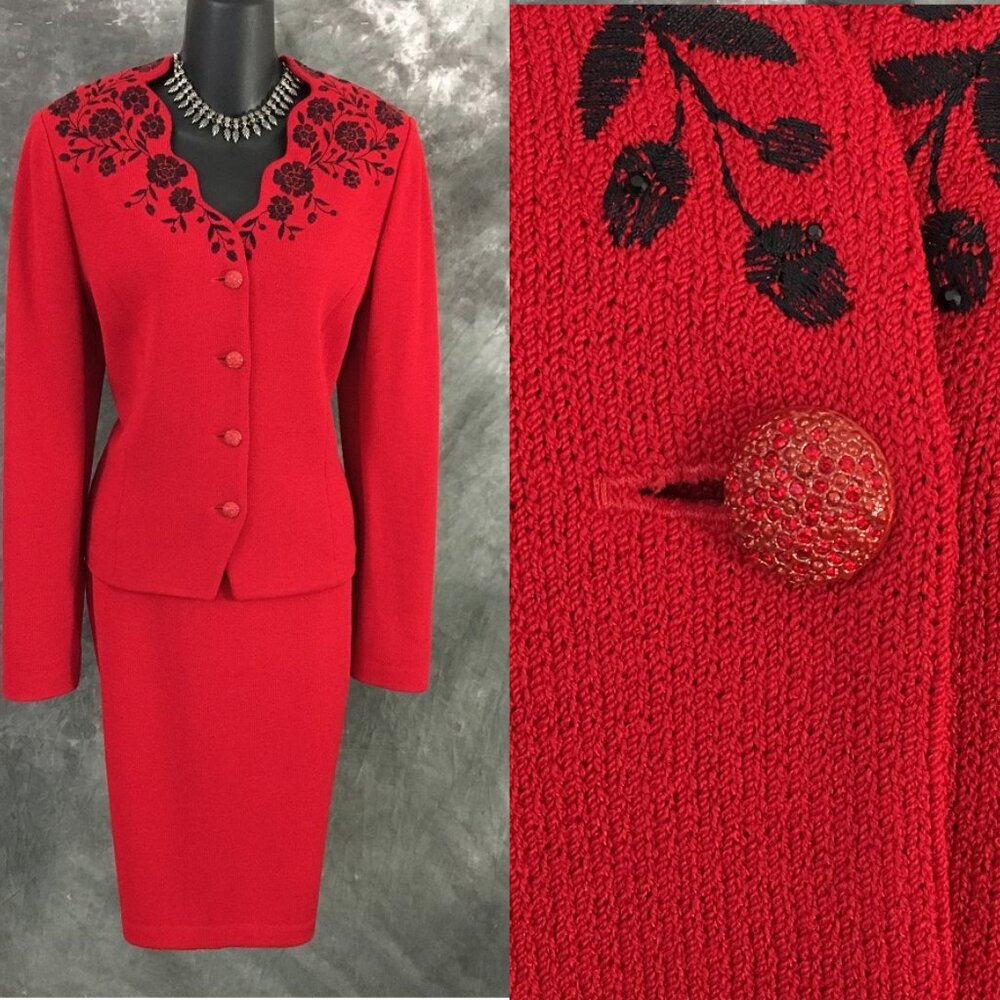 BEAUTIFUL st john evening knit red rhinestones embellished skirt suit 8 10